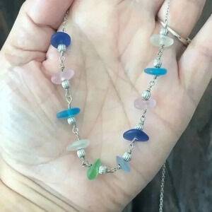 Beautiful Pink Green Blue Sea Glass Stainless Steel Necklace NWT